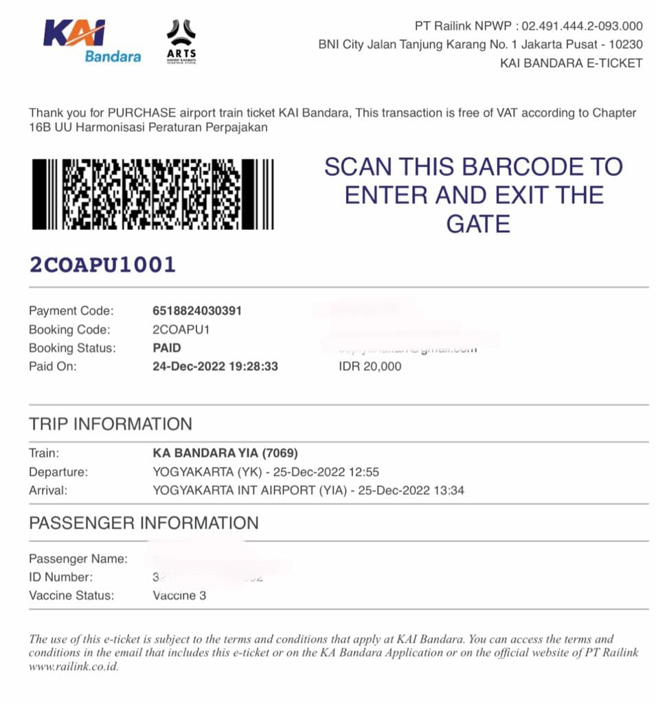 Boarding pass tiket kereta bandara